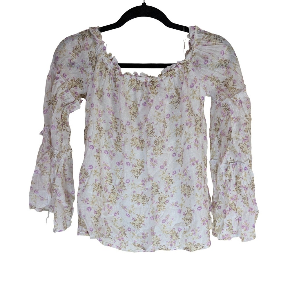 rue21 Floral Blouse Womens Small White Purple Boho Bell Sleeve Off Shoulder Top
